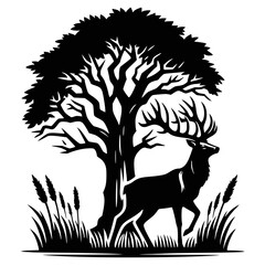 Silhouette of a deer with tree, deer hunting svg, outdoor hunting svg, hunting, tree, nature, wild, vector illustration animal, deer and forest