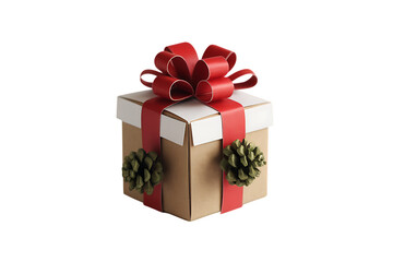 Obraz premium A Beautifully Decorated Kraft Paper Gift Box with a Festive Red Bow and Pine Cone Accents, Perfect for Holiday Gifting isolated on transparent background 