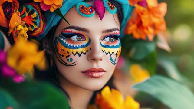Young hispanic woman in vibrant traditional face paint and colorful headdress surrounded by flowers. Cinco de Mayo, Battle of Puebla Day, Mexican Heritage Festival Latin American Cultural Celebration