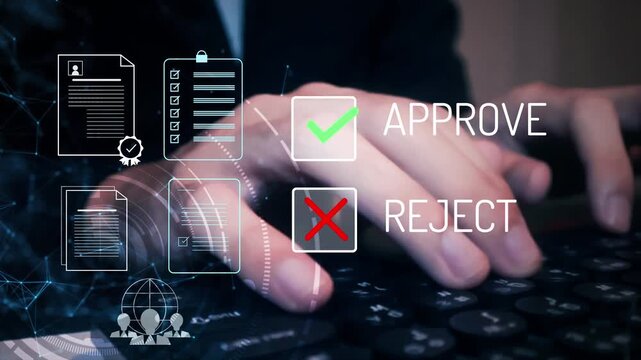 Approval and rejection interface concept with document icons and green check mark. Ideal for digital workflow, decision making, business automation, and document review themes.