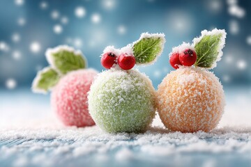 Festive snow-dusted orbs on a wintery backdrop