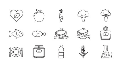 Collection of hand drawn organic food and health icons in silhouette