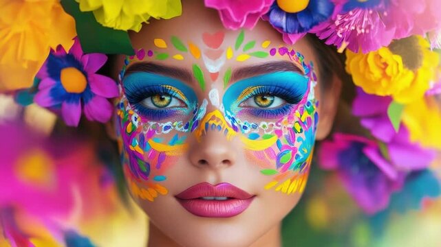 Young caucasian woman with vibrant floral makeup and colorful feathered headdress. Cinco de Mayo, Battle of Puebla Day, Mexican Heritage Festival - Latin American Cultural Celebration