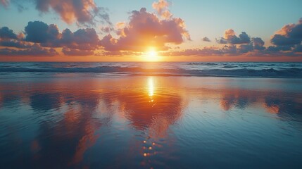 Obraz premium Beautiful beach scene at sunset with colorful clouds reflections on wet sand and gentle ocean waves under vibrant sky