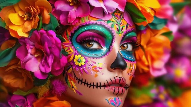 Young hispanic woman with colorful day of the dead face paint and floral headpiece. Cinco de Mayo, Battle of Puebla Day, Mexican Heritage Festival - Latin American Cultural Celebration