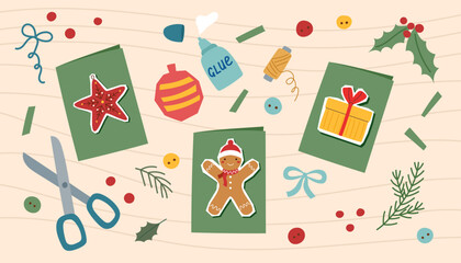 Handmade Christmas greeting cards. Sustainable Christmas concept banner. Eco friendly Christmas gifts.	