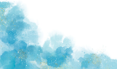 Abstract watercolor or alcohol ink art blue background with golden crackers. Pastel blue marble drawing effect. llustration design template for wedding invitation,decoration, banner, background. Png	
