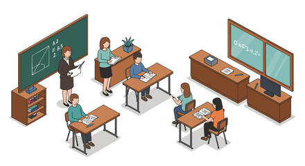 Isometric classroom scene with students and teacher engaged in learning activities