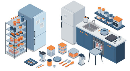 Obraz premium Modern kitchen interior with appliances and shelves in isometric style