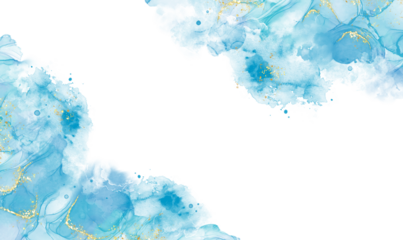 Abstract watercolor or alcohol ink art blue background with golden crackers. Pastel blue marble drawing effect. llustration design template for wedding invitation,decoration, banner, background. Png	
