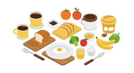 Isometric breakfast variety with coffee, bread, and fruit