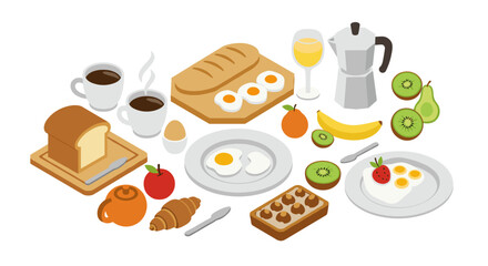 Isometric breakfast set with eggs, bread, fruit, and coffee