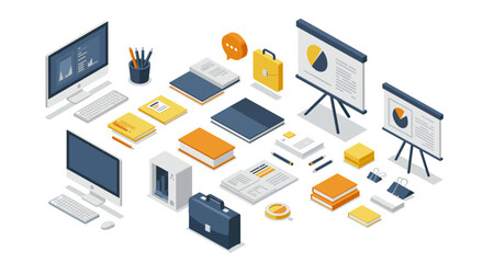 Obraz premium Isometric office essentials: computers, projectors, and stationery for modern workspaces