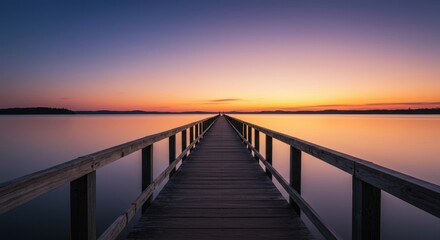 Obraz premium Serene Sunset over Calm Lake with Wooden Dock