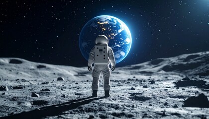 An alien standing alone on the moon, gazing at the shining Earth from afar, a starry sky with vivid details, cinematic lighting, and incredibly realistic depictions