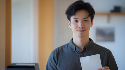 Confident young asian businessman holding blank sheet of paper in home office, looking at camera with positive and friendly expression, ready to present information or new project