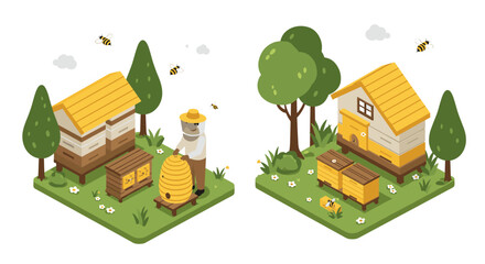 Isometric beekeeping scene with apiary and beekeeper in lush garden