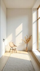 Serene minimalist retreat space, bathed in soft natural light, perfect for relaxation and mindfulness White walls, clean lines, airy atmosphere , escape, self-care, interior