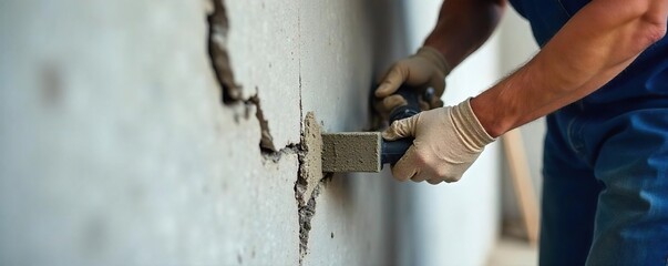 Skilled Construction Worker Meticulously Repairs Cracked Concrete Wall, Ensuring Structural Integrity and a Flawless Finish.  Focus on precision and detail in this close-up shot.