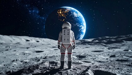 Obraz premium An alien standing alone on the moon, gazing at the shining Earth from afar, a starry sky with vivid details, cinematic lighting, and incredibly realistic depictions