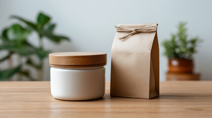 White ceramic jar with wooden lid placed beside a brown paper bag on a wooden table, surrounded by green plants, showcasing natural and minimalistic packaging design