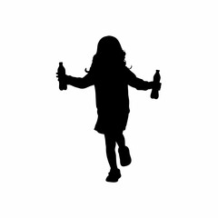Silhouette of a girl running toward a bus holding bottles isolated on white background