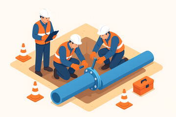 Industrial Engineers Repairing Pipeline System - Isometric Vector Illustration