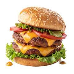 Gourmet burger with double beef patty, cheese, lettuce, tomato, and sesame bun on transparent background for restaurant branding