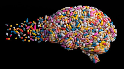 Colorful assortment of pills and capsules arranged to form a brain shape, symbolizing mental health, creativity, and the impact of medication on cognitive processes