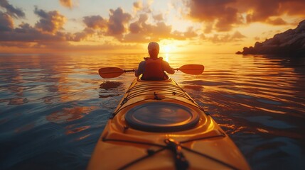 Person kayaking on calm ocean during vibrant sunset with dramatic clouds and coastal cliffs in the background, capturing adventure and outdoor activity at dusk