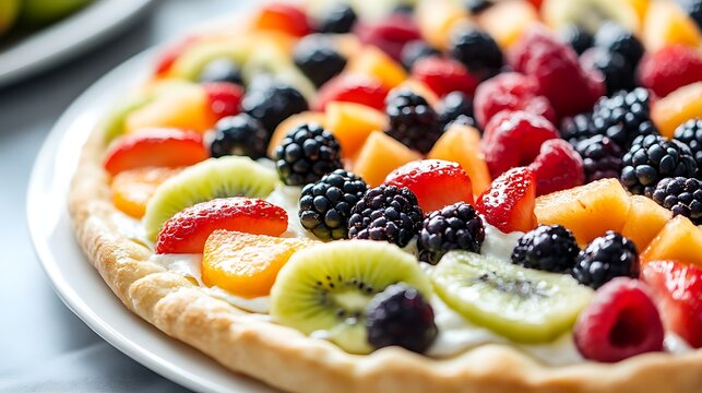 Close up of a fruit pizza with plate on table
