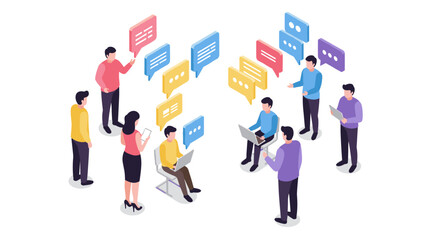 Isometric team communication concept with people and chat bubbles