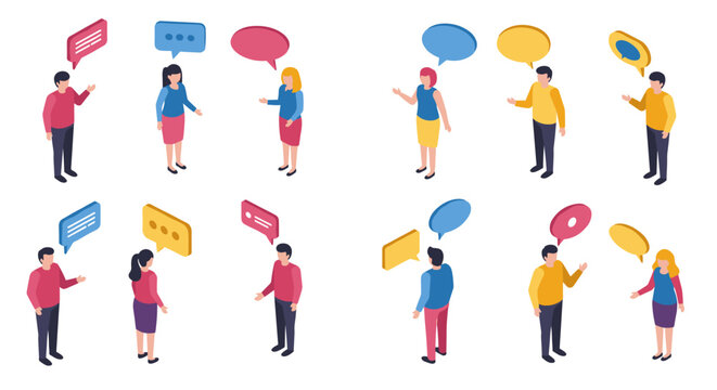 Isometric people engaged in conversations with colorful speech bubbles