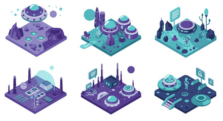 Futuristic isometric alien landscape with spaceships and extraterrestrial buildings
