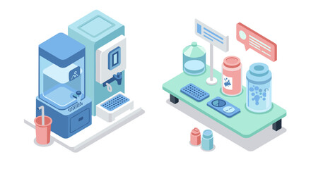 Isometric water dispenser and reusable container depiction for eco-friendly solutions