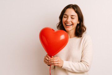 Woman Holding Heart-Shaped Balloon - Joyful Valentine's Day Romance