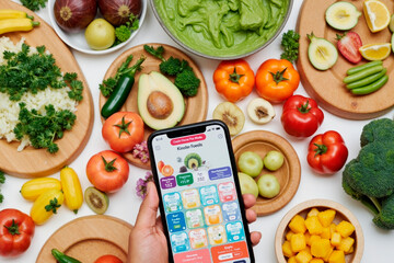 Caucasian young adult woman holding smartphone displaying meal planning app surrounded by fresh vegetables, fruits, herbs and bowl of guacamole on kitchen table, healthy eating concept