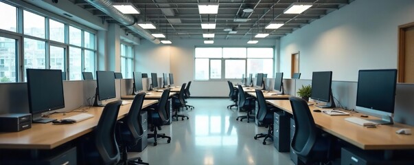 Empty office desks, neatly organized files, closed doors, and quiet hallways signal a business closure  The feeling is one of finality and transition, hinting at a new chapter  ,  hallways,  closure