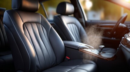 Professional steam cleaning process for modern car interior focusing on leather seats