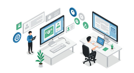 Modern office isometric design with people working on computers and digital interfaces