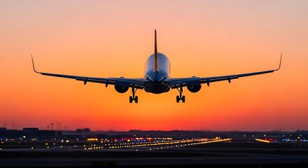 Commercial airplane landing at sunset with vibrant sky, illuminated runway, and airport infrastructure in the background. Editorial-grade aviation moment