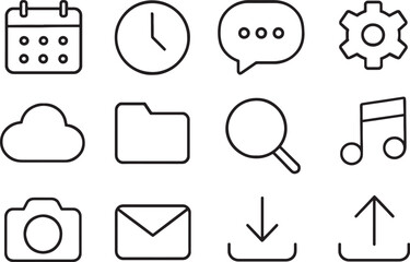 Collection of twelve common application and interface icons in outline style calendar clock