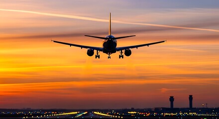 Commercial airplane landing at sunset with vibrant sky, illuminated runway, and airport infrastructure in the background. Editorial-grade aviation moment