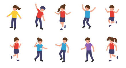 Energetic kids dancing and playing in casual outfits on white background