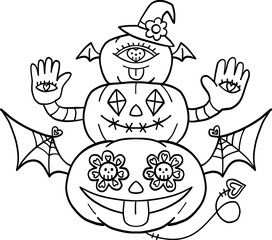 halloween cute cartoon. Halloween-themed three-tier monster pumpkin with wings and witch hat.