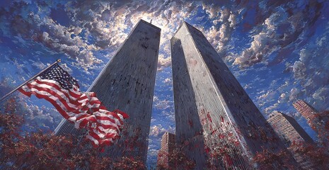 Iconic Twin Towers, American flag, somber scene