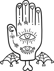 halloween cute cartoon. Zombie Hand illustration with mystical symbols and bat wings on wrist. In groovy boho halloweeen doodle line graphic