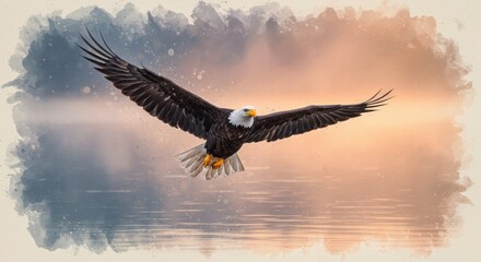 Fototapeta premium Majestic Bald Eagle in Flight at Sunrise