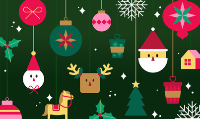 Cute Holiday Festive Christmas Ornaments and Characters on Green Background Illustration
