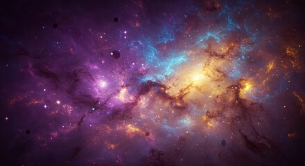 A colorful nebula with hues of purple blue and gold speckled with stars and dark round shapes